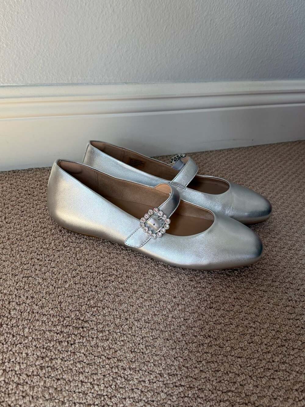 FitFlop Delicato Crystal-Buckle Leather Mary Jane Shoes Silver Size 10